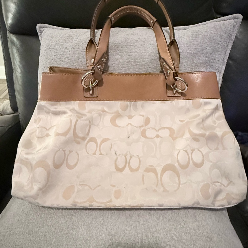 Coach Canvas Tote in Beige and Brown Leather Trim